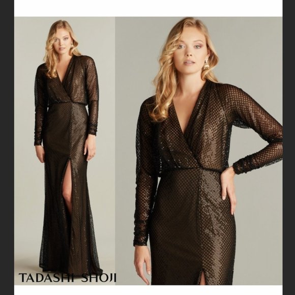 NWT Tadashi Shoji Samira Black/Nude Sequin gown - Size 14 - Picture 1 of 13